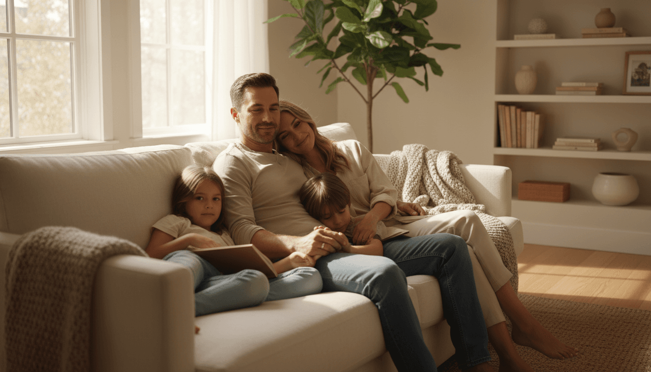 Family sitting together on a sofa in a cozy living room, warm natural light, peaceful atmosphere