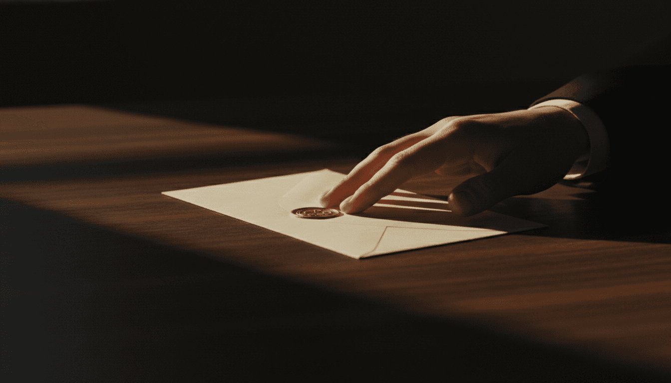 Hand placing an envelope on a wooden desk
